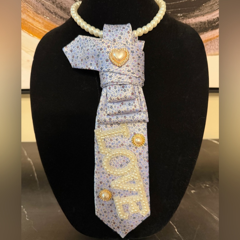 Blue Patterned Tie with Love Embellishments